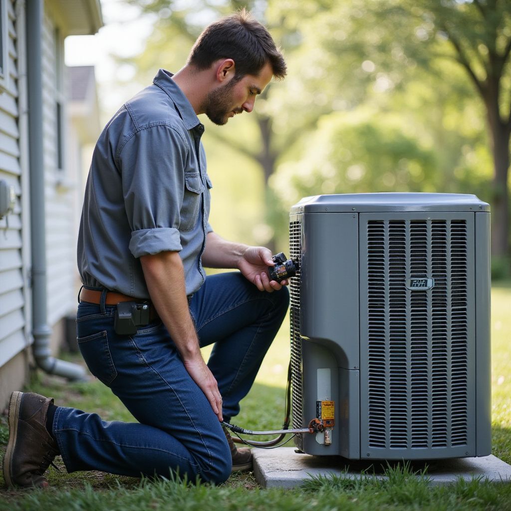 HVAC technician kneeling beside an air conditioning unit, inspecting it outdoors.