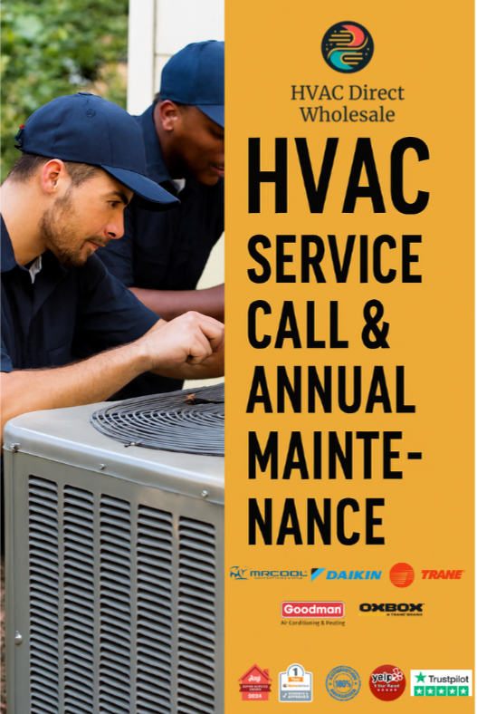 Two HVAC technicians servicing an air conditioner. Yellow background with 