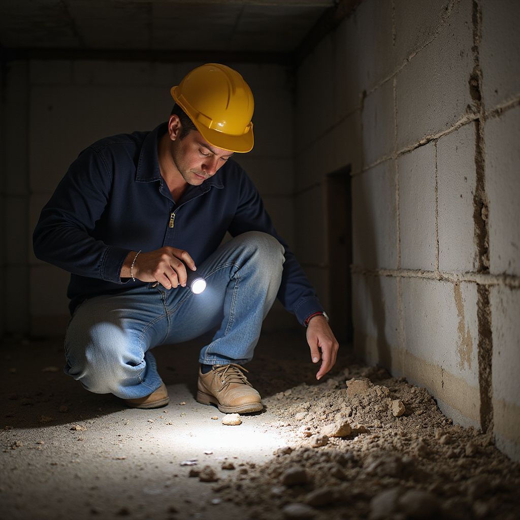 Person in a hard hat inspecting a dark basement with a flashlight.