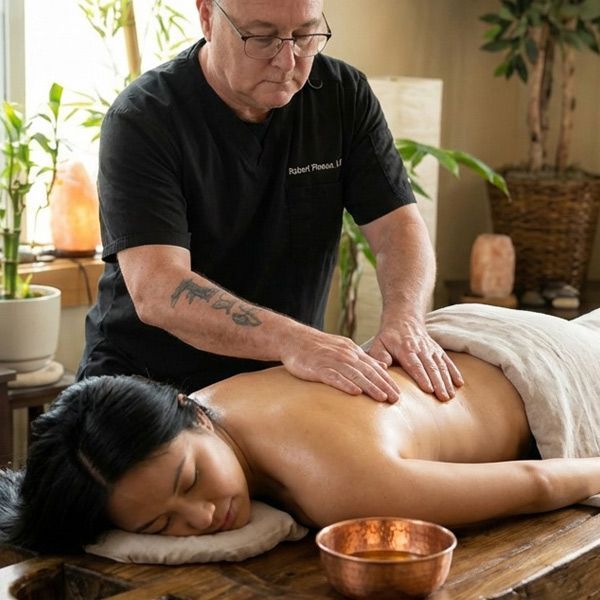 Suffolk County Massage Therapist Robert Pineau giving a patent a Ayurvedic Massage in his Ronkonkoma Office
