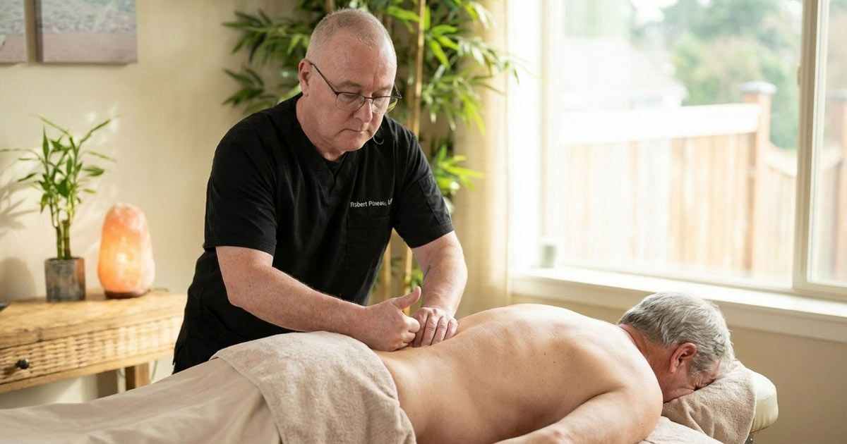 A male patient is getting Back Pain Massage Therapy by Robert Pineau, LMT at his Ronkonkoma Office