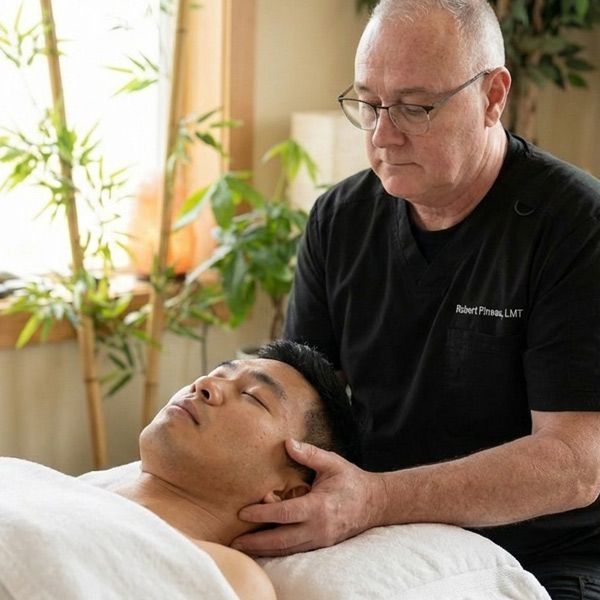 Ronkoma Massage Therapist Robert Pineau gives a CranioSacral Massage to a patient in his 40s.