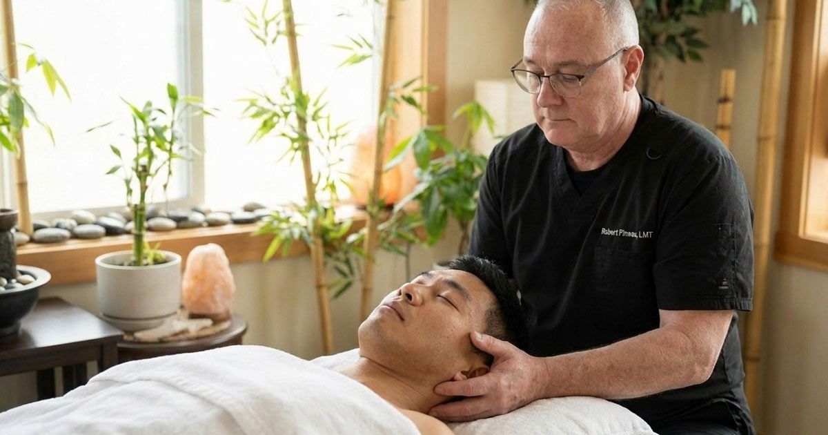 Massage Therapist Robert Pineau LMT giving a man a massage therapy for Headaches