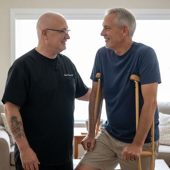 Robert Pineau is meeting a man on crutches at his home for a post-surgery Massage Therapy by Robert Pineau, LMT