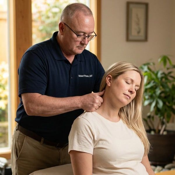 Massage Therapist Robert Pineau is showing his patient the massage benefits of prenatal massage