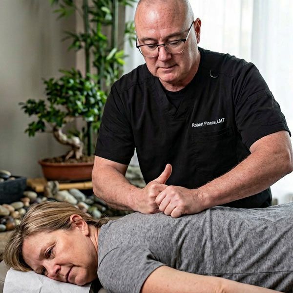 Robert Pineau giving a massage to a patient