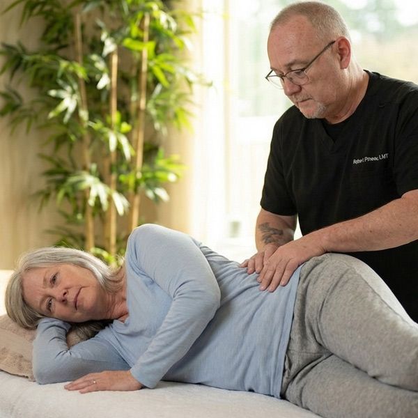 Suffolk County Long Island Massage Therapist Robert Pineau gives an Integrated Manual Therapy Treatment to a woman in her 60s on her hips at his Ronkonkoma Massage Therapy Practice