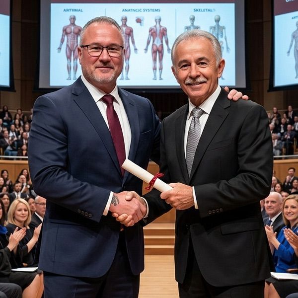 Two men in suits shake hands on a stage with applauding audience behind them About Robert Pineau