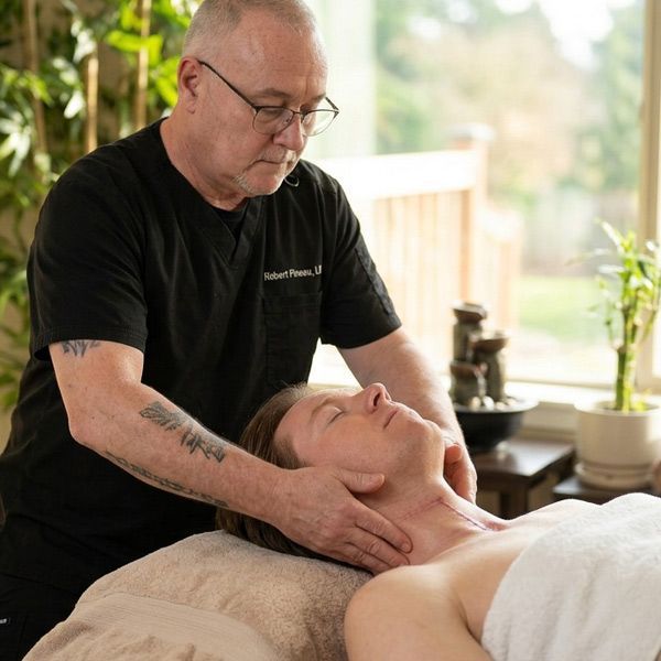 Robert Pineau, Suffolk County Massage Therapist, gives his patient a Lymphatic Drainage Massage after the patient has undergone recent surgery