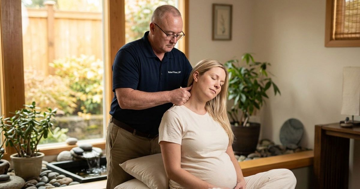 Robert Pineau LMT is providing prenatal massage therapy to a blonde patient in his Ronkonkoma Massage Therapy in Suffolk County Office
