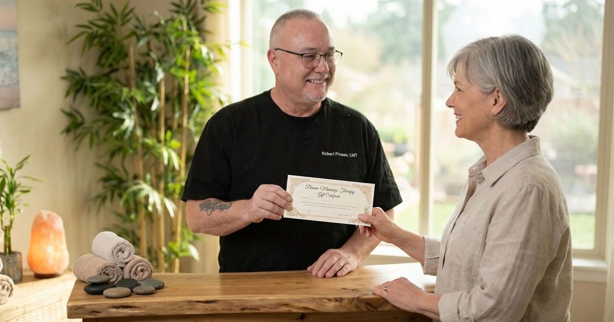 Licensed Massage Therapist Robery Pineau  is giving a Massage Gift Certificate to a female patient in his massage therapy office