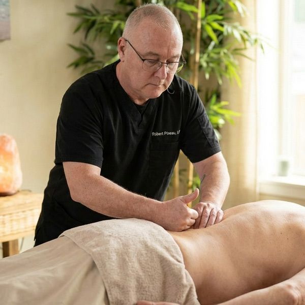 A senior citizen gets his lower back pain treated by massage therapist Robert Pineau  with Neuromuscular Therapy in his Ronkonkoma massage therapy office