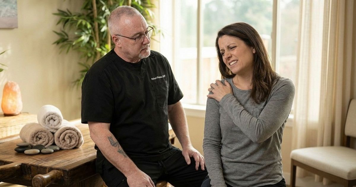 Robert Pineau, LMT, is sitting with a patient who is seeking Pain Relief Massage Therapy for shoulder pain