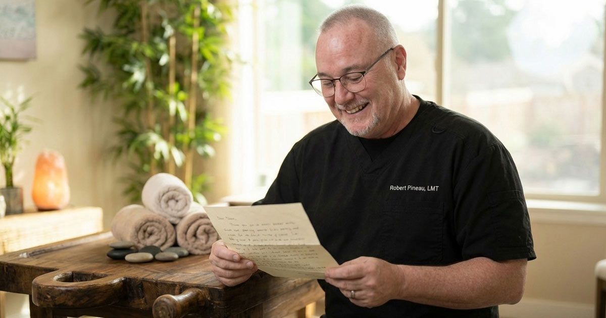 Robert Pineau, LMT, reading Patient Reviews of Robert Pineau LMT