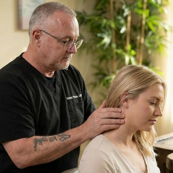 A woman in her 20s came to see to Robert Pineau for positional release massage therapy on her Neck