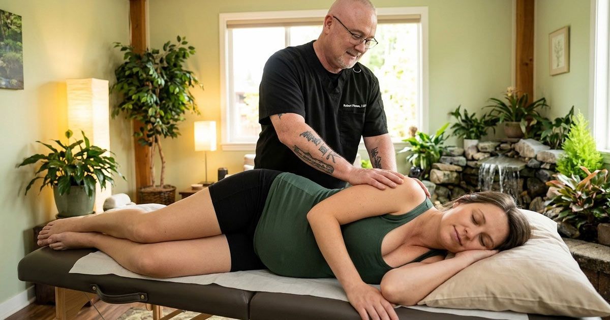 Robert Pineau, LMT, is giving a patient prenatal massage therapy in his Ronkonkoma, NY office