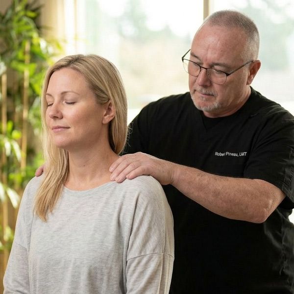 Suffolk County Robert Pineau, a massage therapist, is giving a Shiatsu Massage to a woman's shoulders.