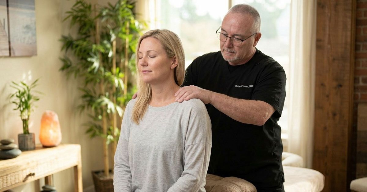 Female patient getting Shoulder Pain Massage Therapy by Robert Pineau, LMT in Ronkonkoma, NY
