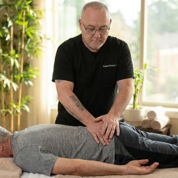 Ronkonoma Licensed Massage Therapist Robert Pineau is treating a male patient for Structural Alignment and Postural Correction at his Suffolk County Massage Therapy Office