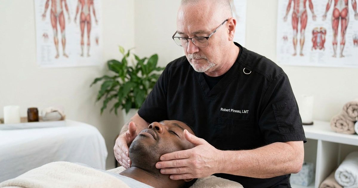 Robert Pineau, LMT, is giving a patient TMJ / Jaw Pain Massage Therapy in his Ronkonkoma office