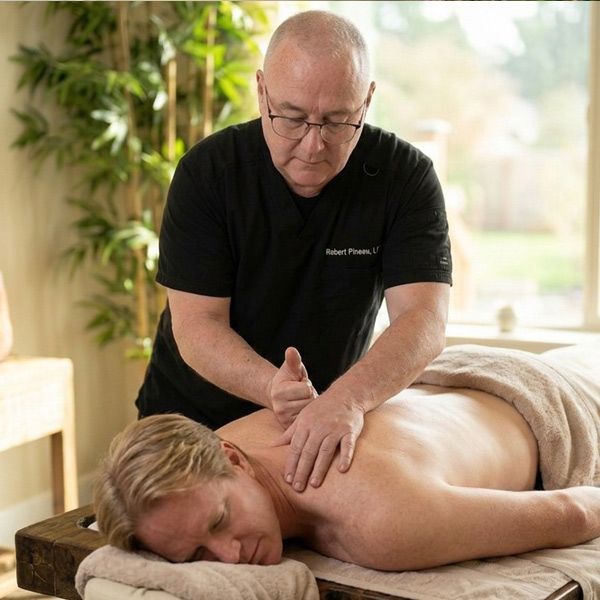 Robert Pineau LMT giving an Asian Massage to a male patient in his mid-30s at his massage studio in Ronkonkoma, NY