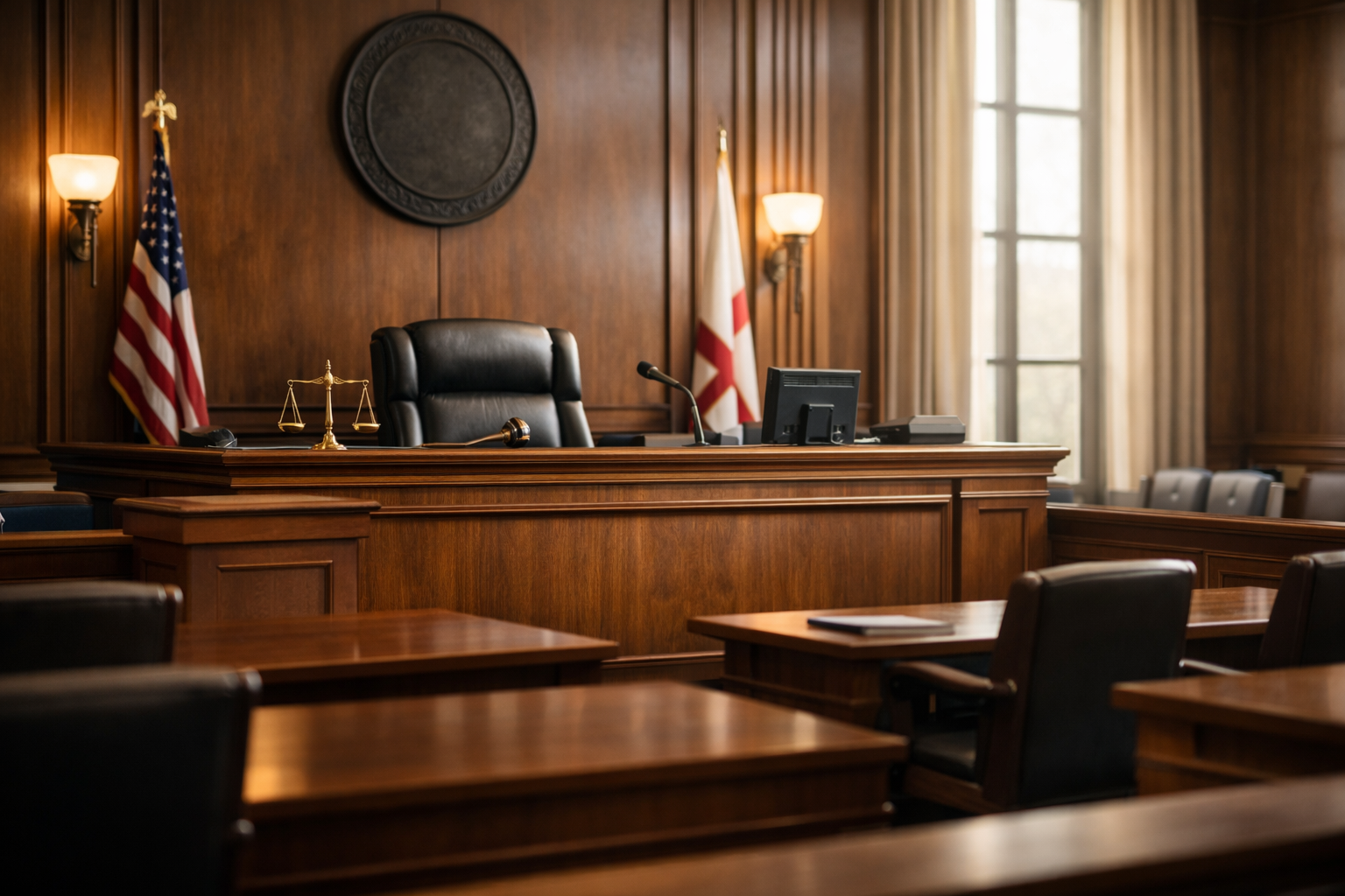 Empty courtroom with the judge’s bench in focus and natural light through tall windows