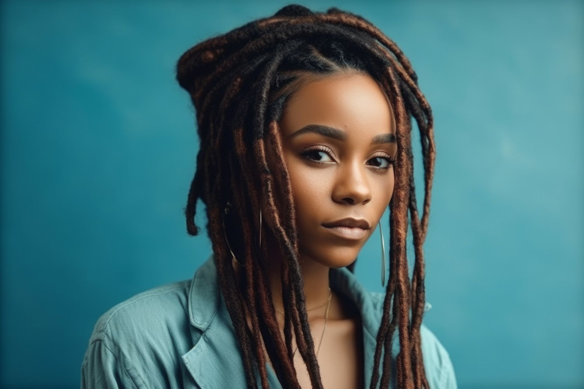 A woman with dreadlocks is wearing a blue jacket and looking at the camera.