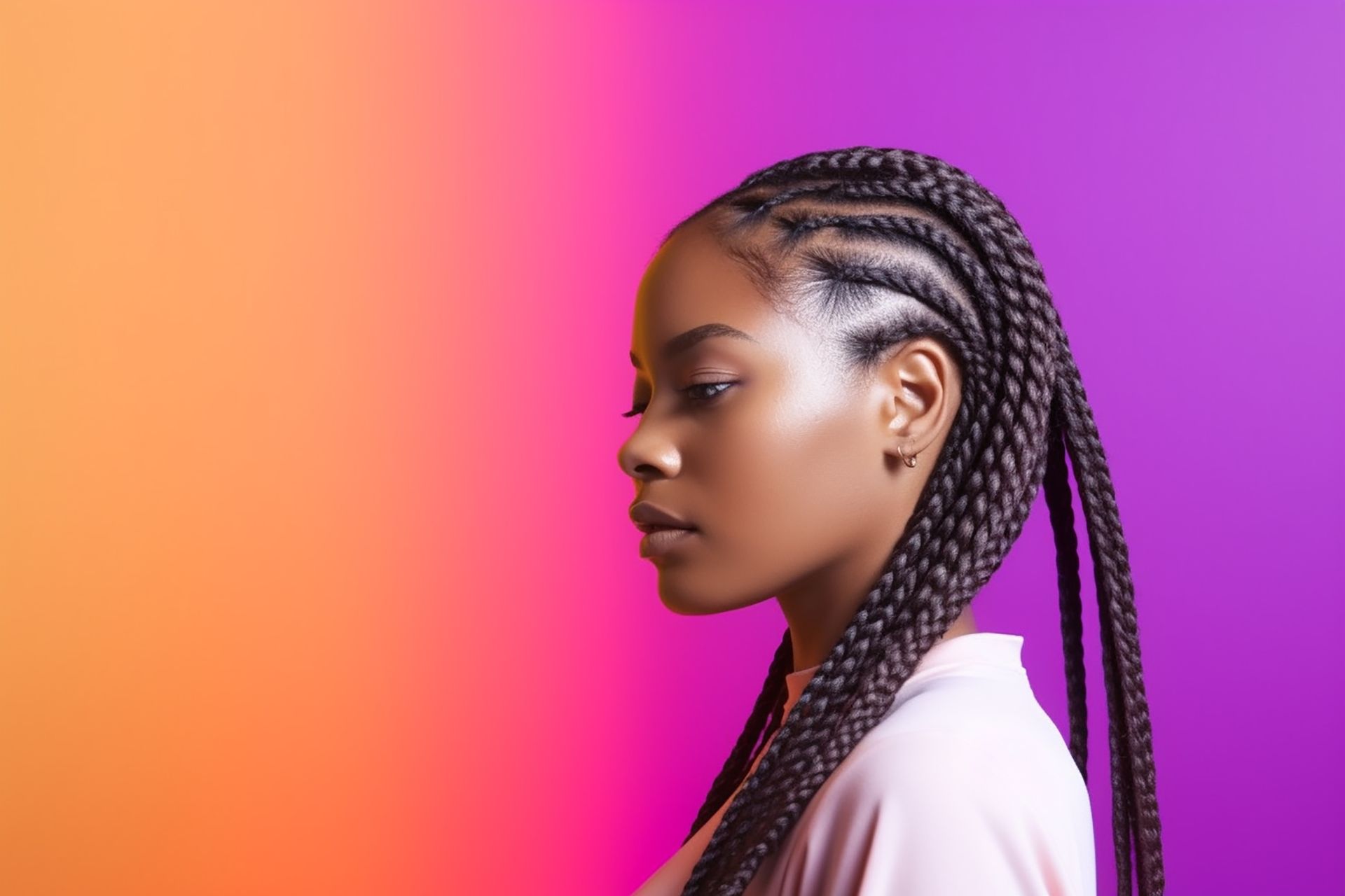 A woman with braids is standing in front of a purple and orange background.