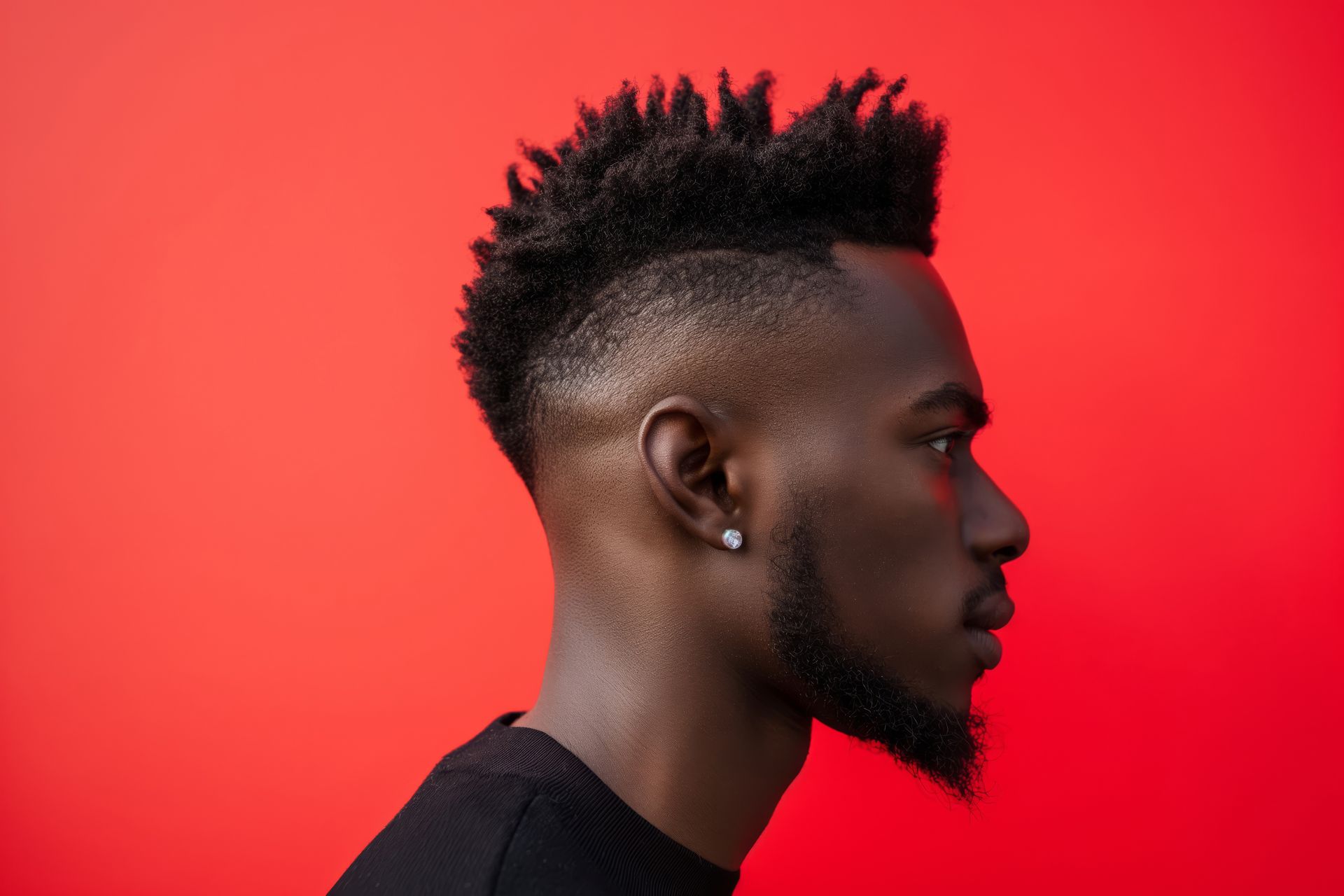 A man with a mohawk and a beard is standing in front of a red background.
