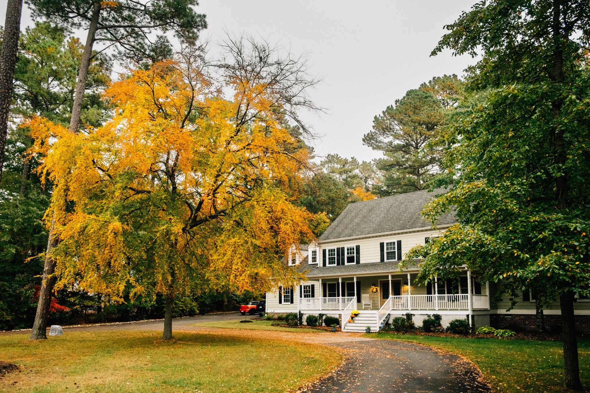 A house with a porch and trees in front of it