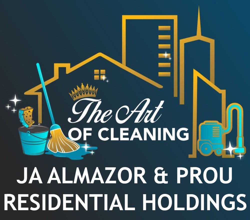 Logo: "JA" monogram with cleaning tools. Cyan bar reads "Almazor & Prou Residential Holdings."