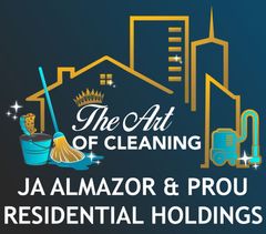 Logo: "JA" monogram with cleaning tools. Cyan bar reads "Almazor & Prou Residential Holdings."