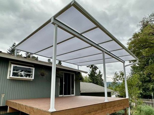 Patio Cover Installation in Oregon by Crown Patio Covers - White Shed Style Patio Cover - West Linn