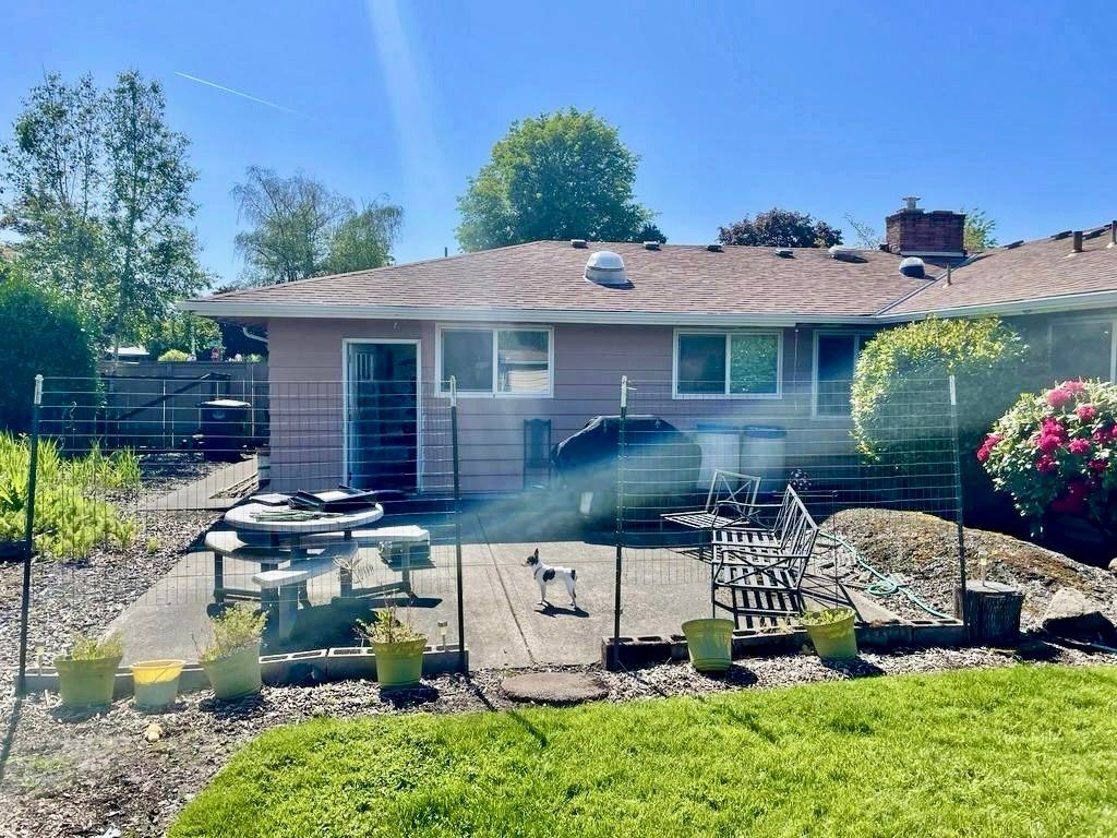 Before Crown Installed a white gable 20ft sq Patio Cover in Hillsboro, OR