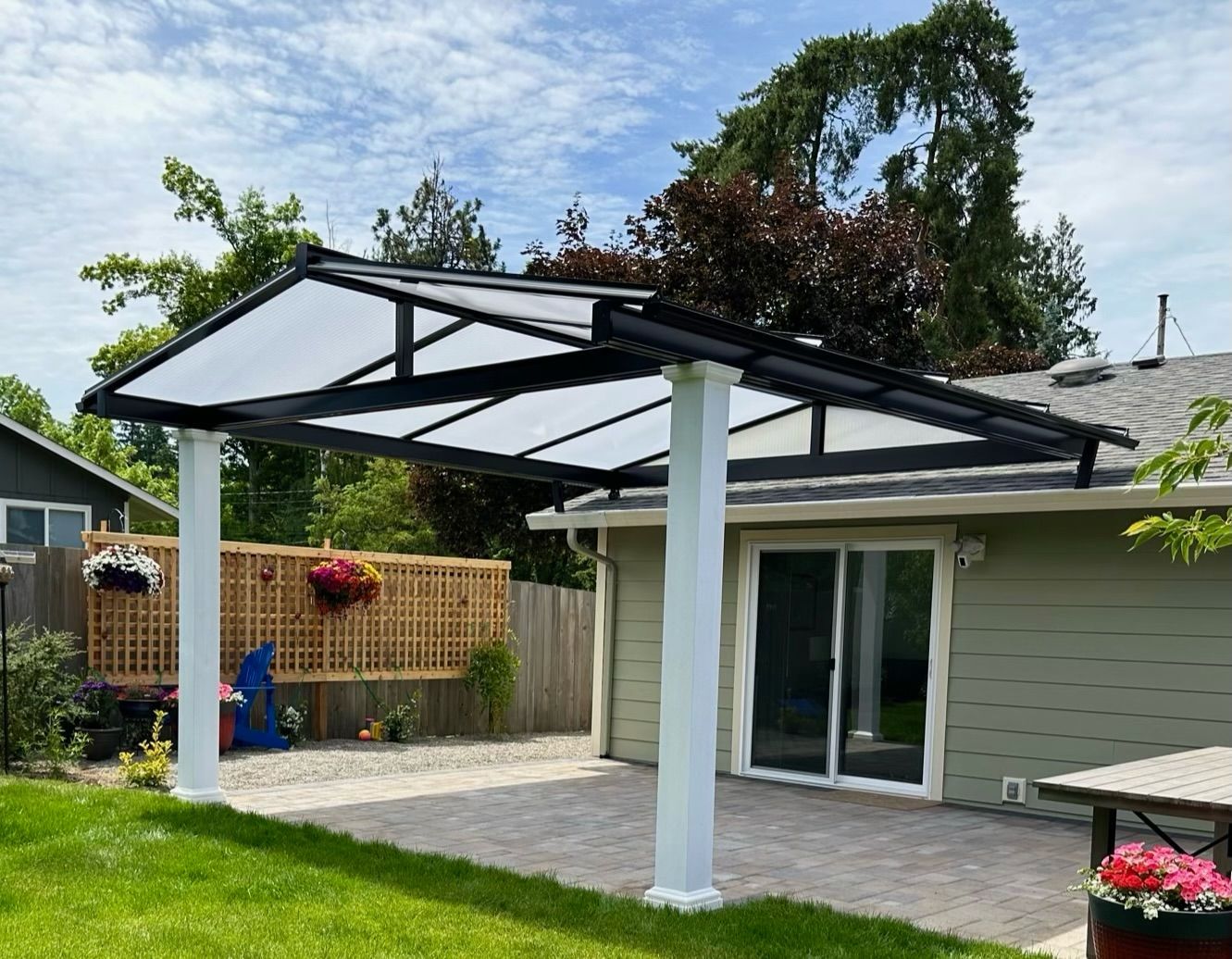 Clackamas Oregon Patio Cover Build - Gable style patio cover in black and white with the acylite acrylic top built by Crown Patio Covers in Clackamas Oregon
