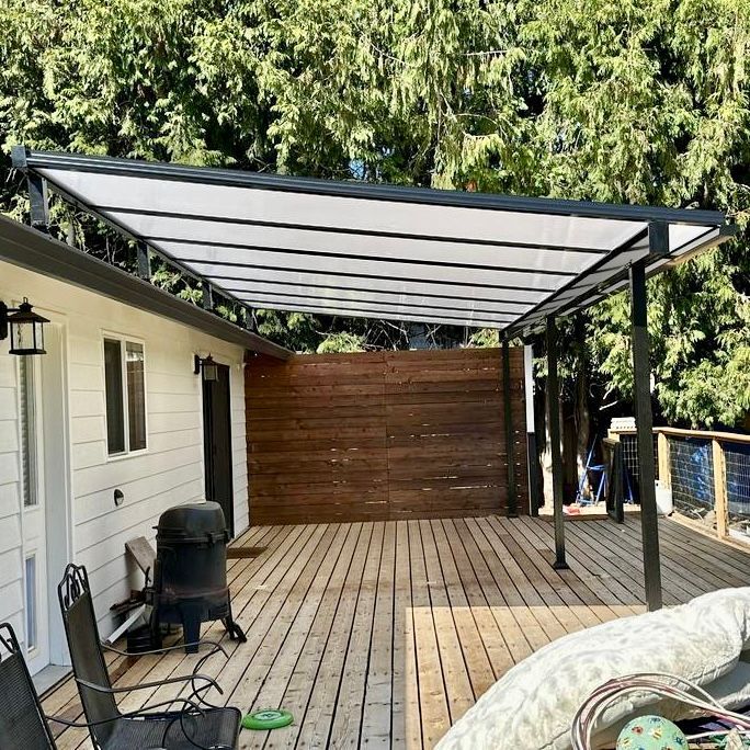 After Crown Patio Covers LLC  Installed a black shed style Patio Cover with Acrylite acrylic light white panels in Tigard, OR