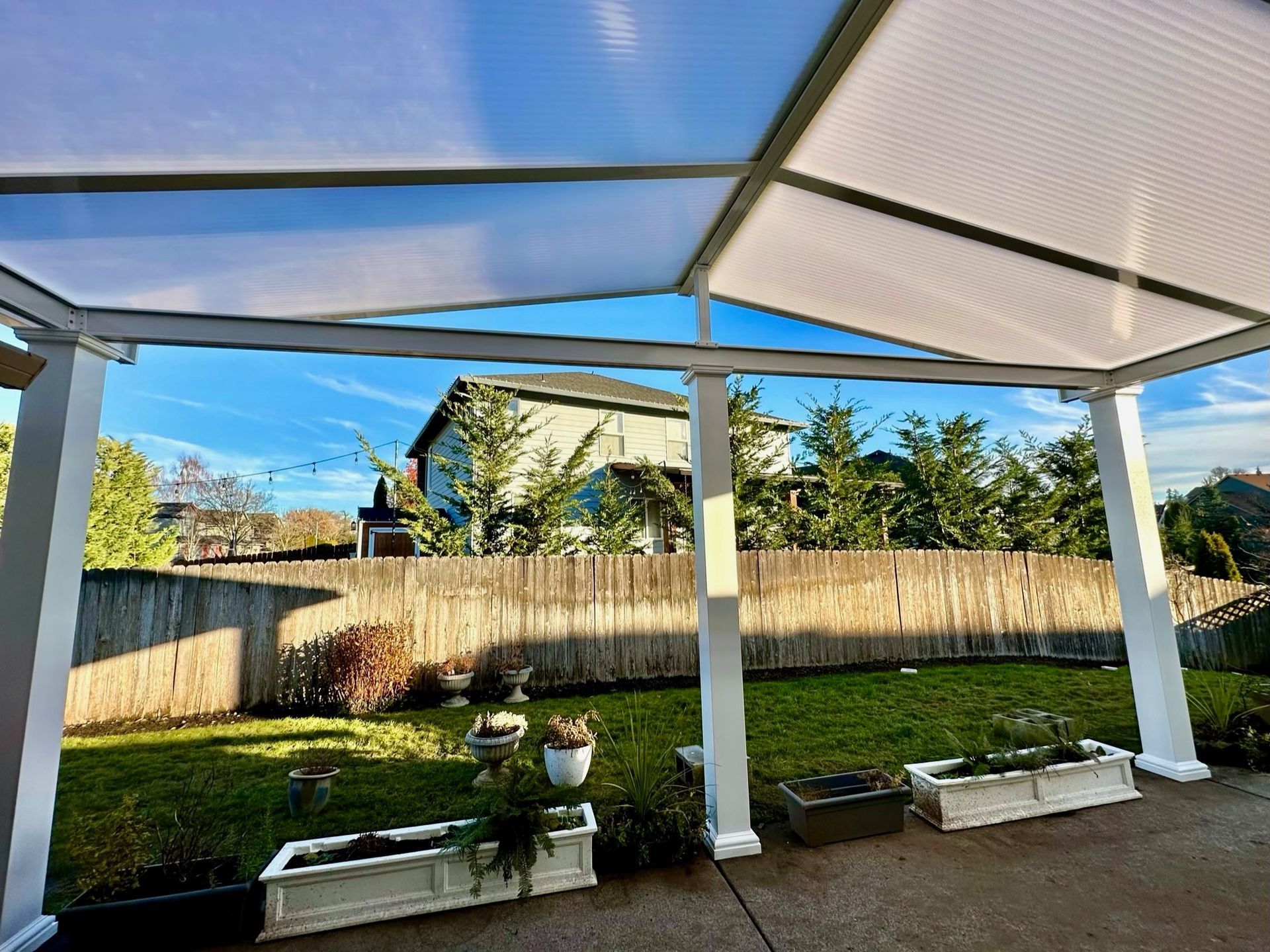 Felida Washington Patio Cover Project - White Gable Style Cover built by Crown Patio Covers LLC