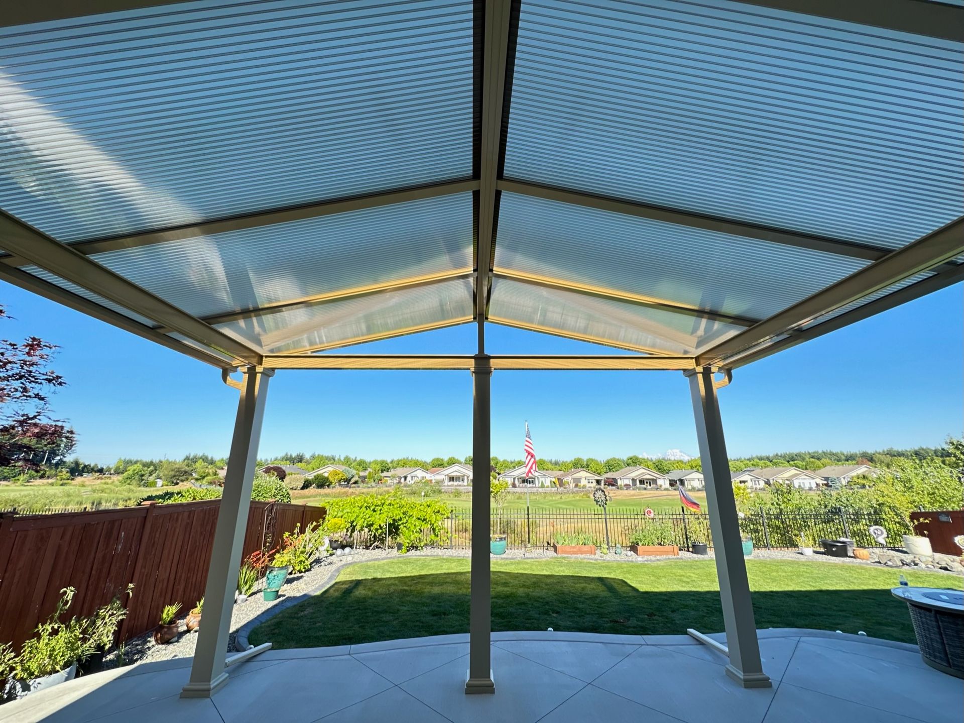 Gable Style Patio Cover Troutdale Oregon Underneath View - Built By Crown Patio Covers