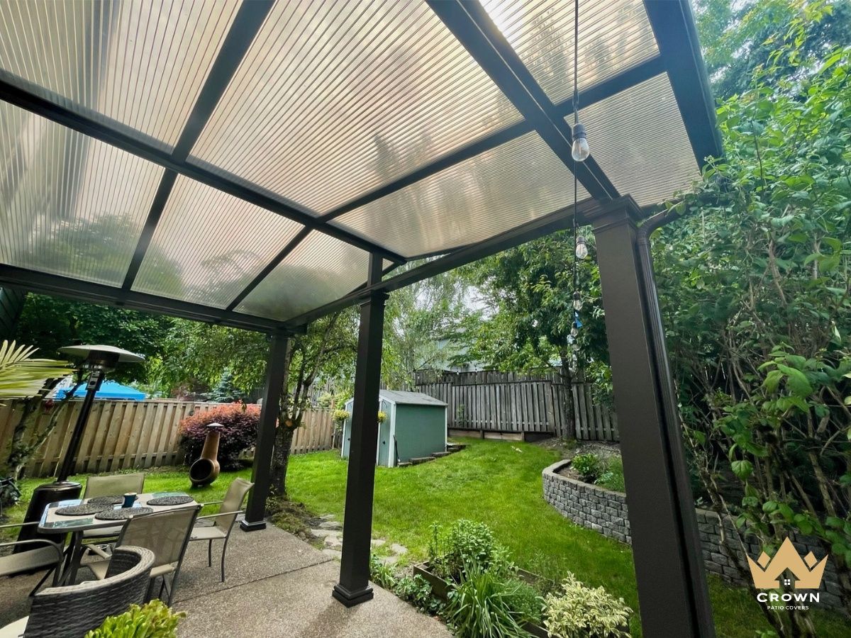 After the Patio Cover was Installed in Portland, OR. Gable-style patio cover in Bronze