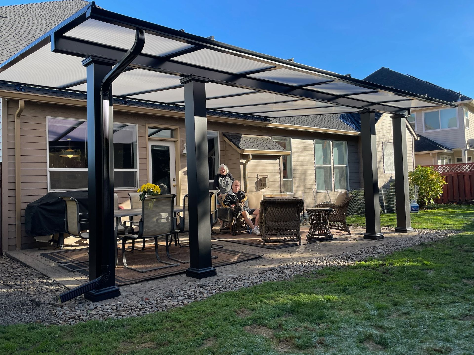 Patio Cover Build in Vancouver Washington - Black Shed Style Frame with Acrylite Covers built by Crown Patio Covers LLC