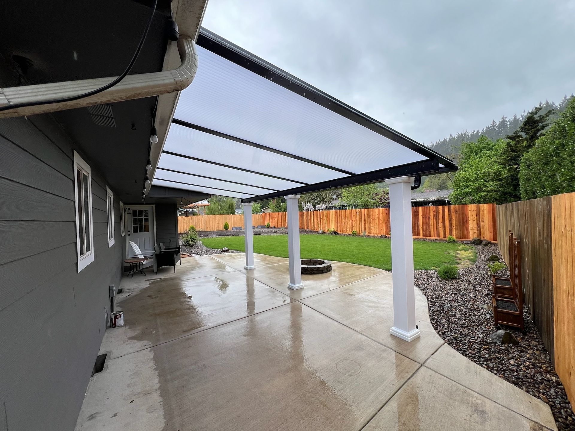 Silverton Oregon Patio Cover Project - Shed Style patio Cover White and Black Frame with Acrylite top by Crown Patio Covers LLC