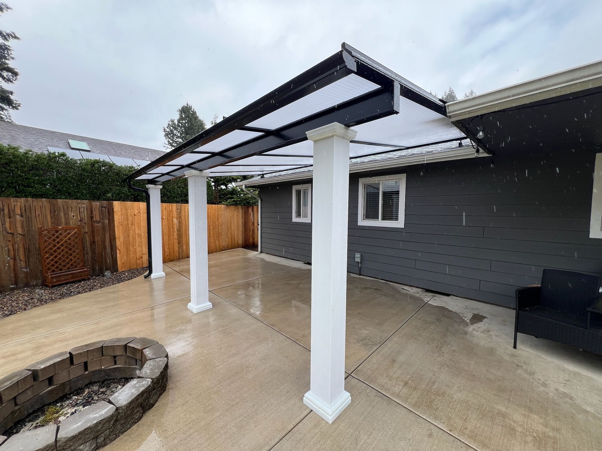 Silverton Oregon Patio Cover Project - Shed Style patio Cover White and Black Frame with Acrylite top by Crown Patio Covers