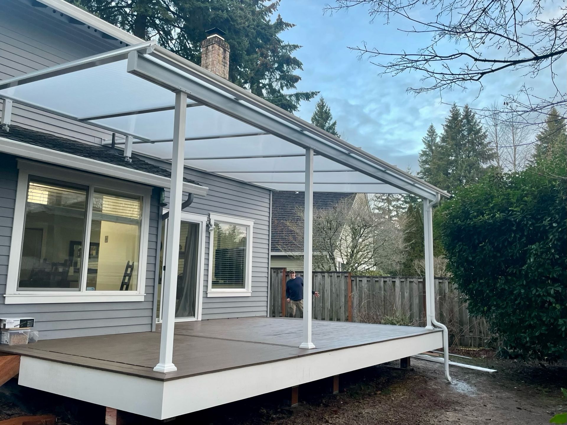 South Beaverton Patio Cover Project - White Shed style frame with Acrylite acrylic cover built by Crown Patio Covers LLC