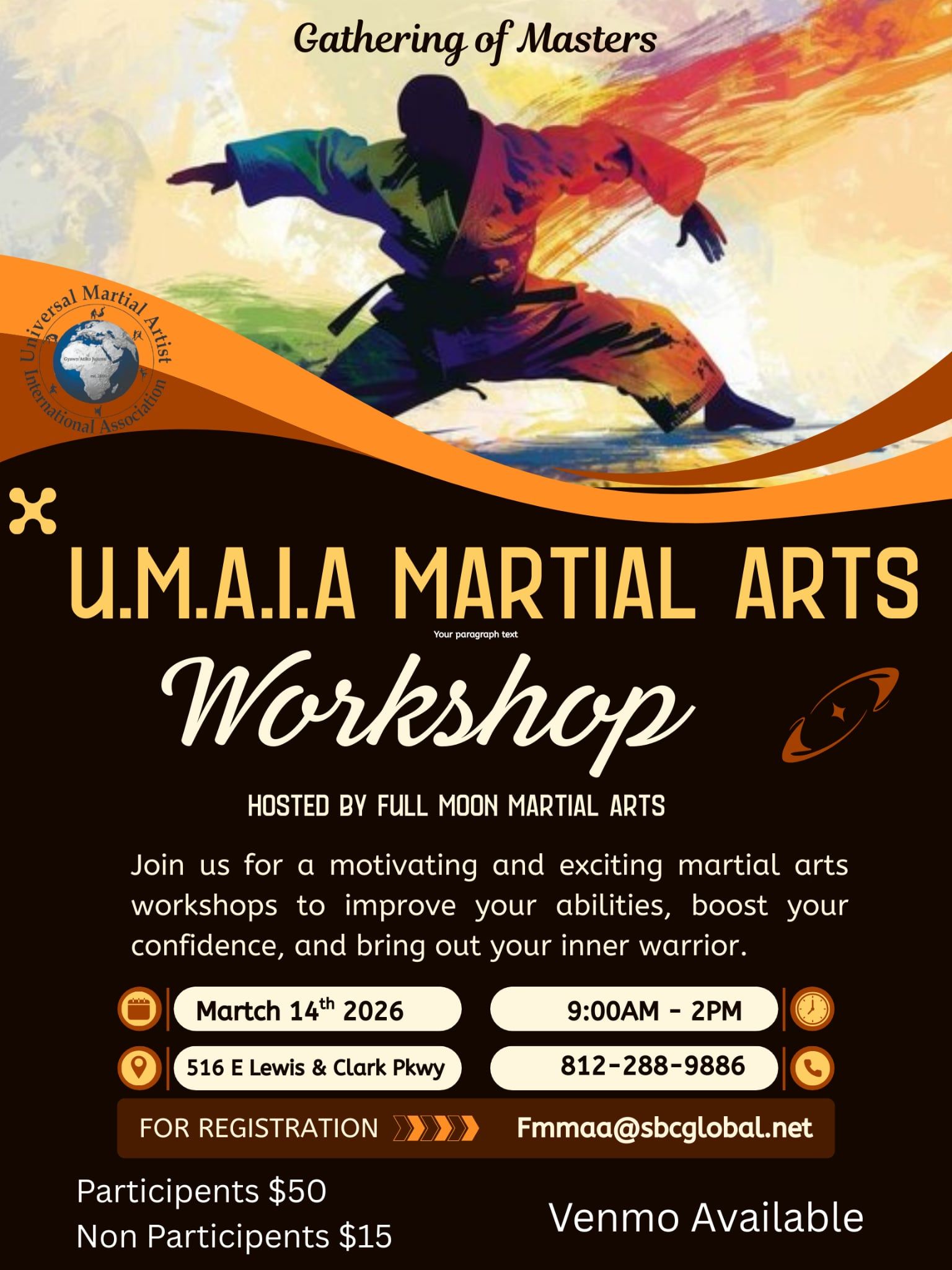Poster for a martial arts workshop. Features a colorful martial artist silhouette. Workshop date, time, and registration info are included.