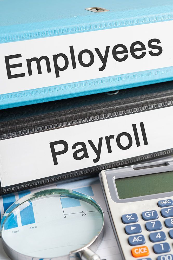 Blue and black binders labeled 