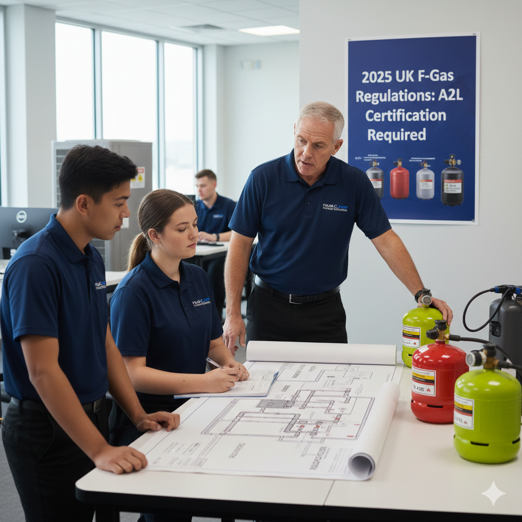 Instructor with students looking at blueprints and gas cylinders in a classroom.