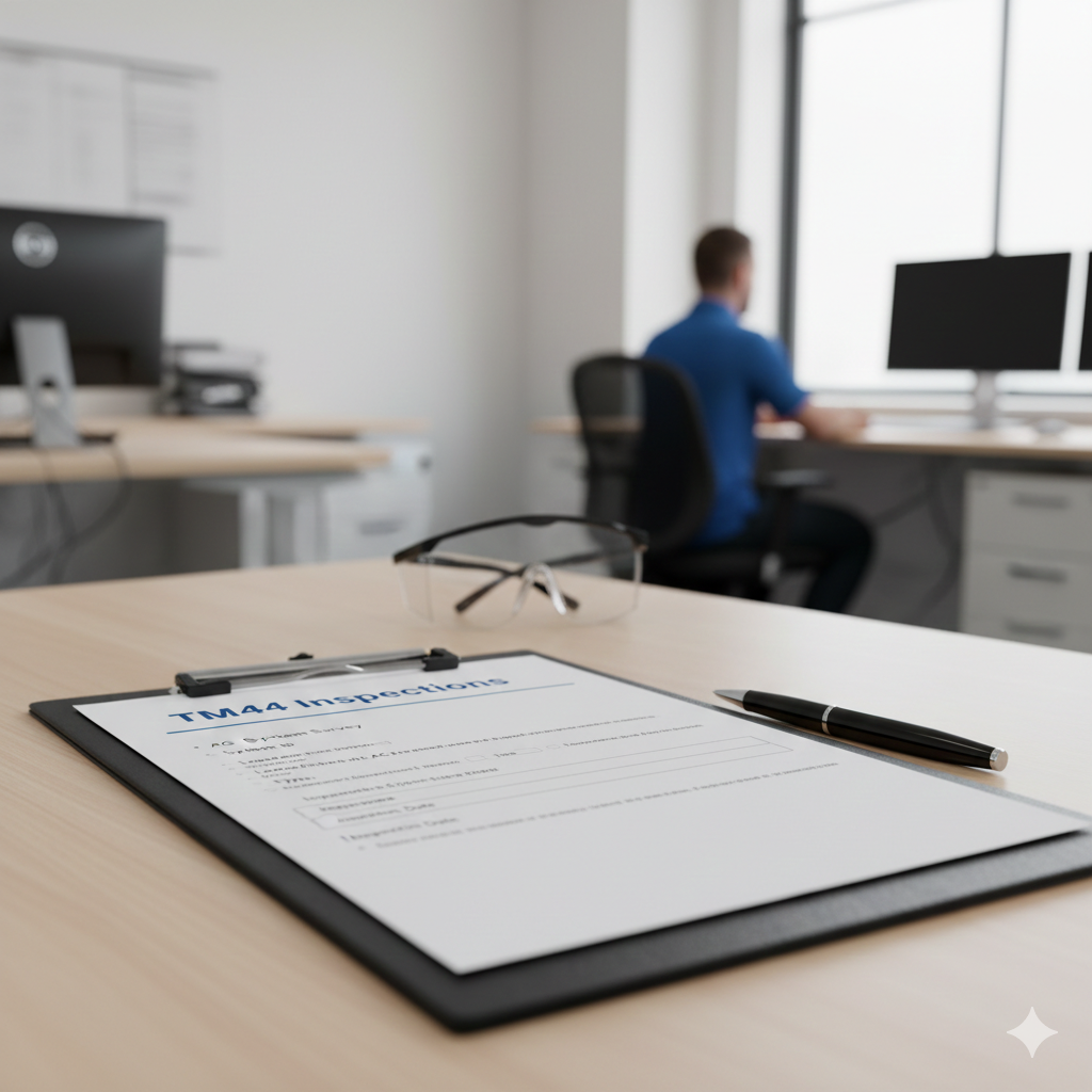 TM44 document and pen on a desk. A person sits at a computer in the background