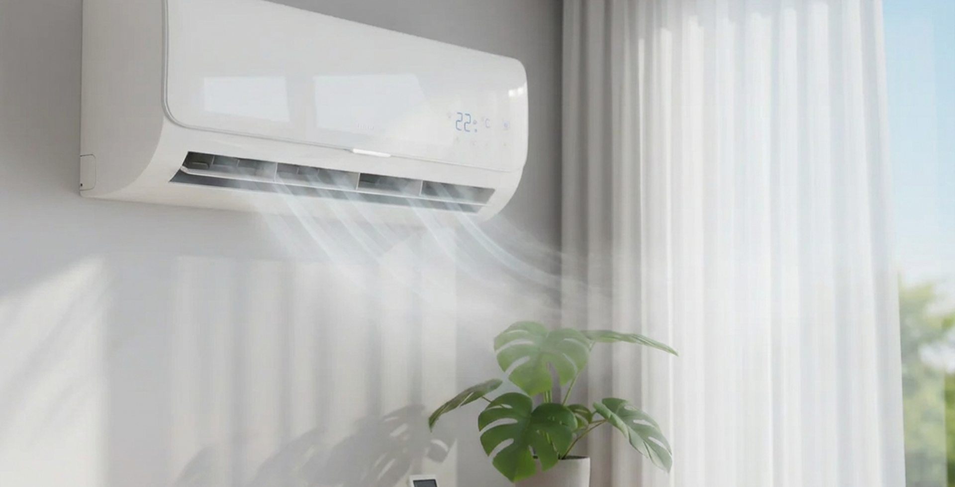 Air conditioner blowing cool air on a white wall, next to a window and a potted plant.