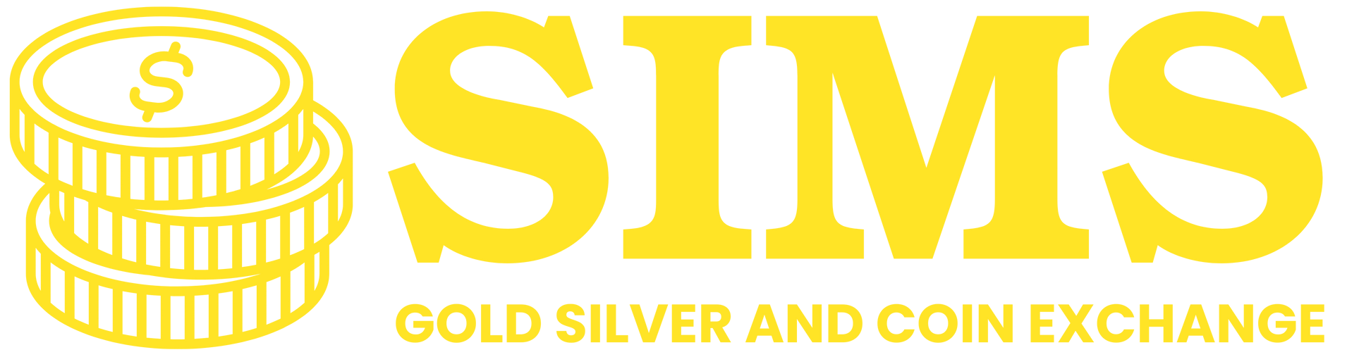 The sims gold silver and coin exchange logo is yellow and has a dollar sign on it.