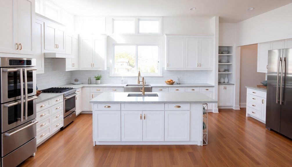 A kitchen with white cabinets and stainless steel appliances and a large island in the middle.